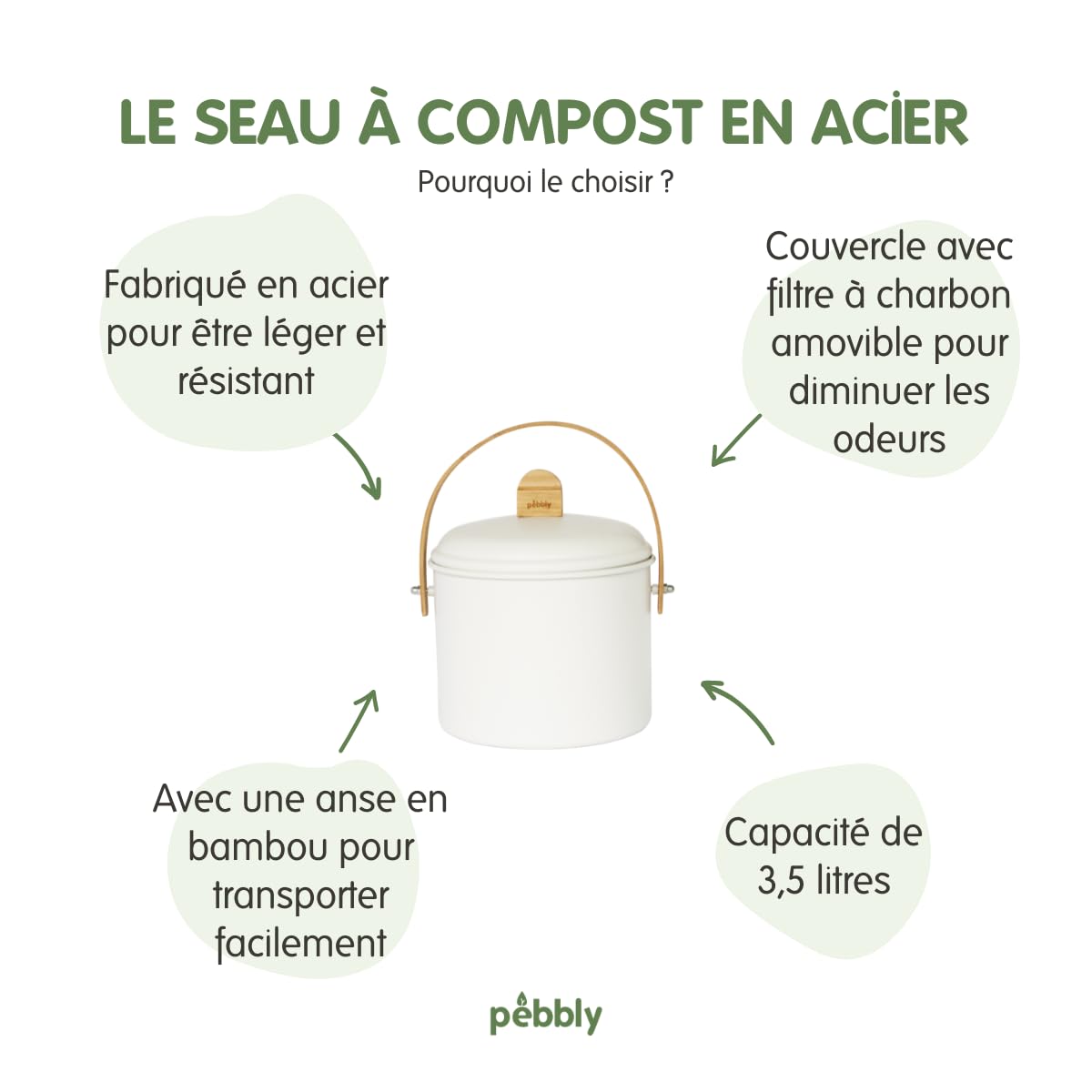 pebbly-seau-compost-d-int-rieur-en-acier-avec-anse-en-bambou-3-5-l-cr-me-filtre- image 2